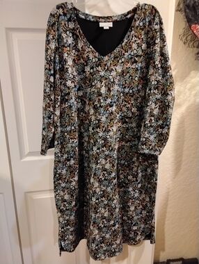 J. Jill Black Multi-Color Floral V-Neck Long Sleeve Dress